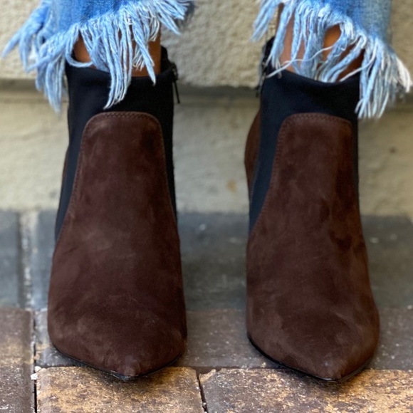 Brown Genuine Suede Chelsea Pointy Toe Wedge Boots - Picture 4 of 9